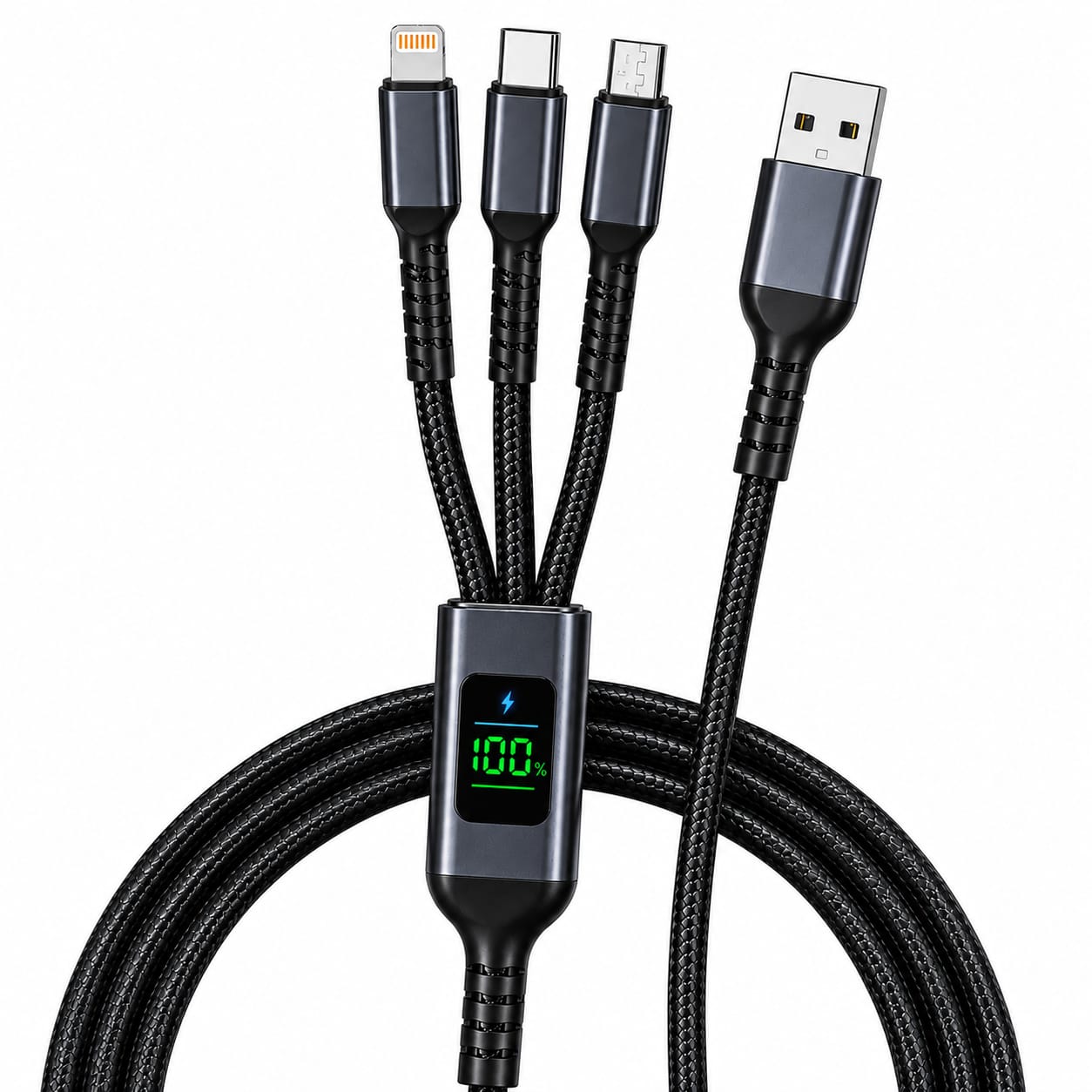 100W Fast Charging Cable Black Nylon 3-in-1