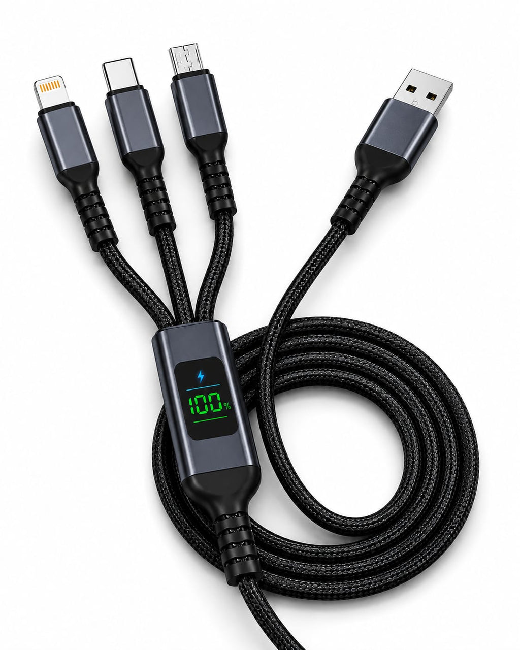 100W Fast Charging Cable Black Nylon 3-in-1