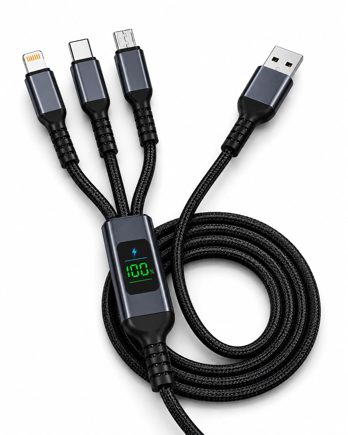 100W Fast Charging Cable Black Nylon 3-in-1