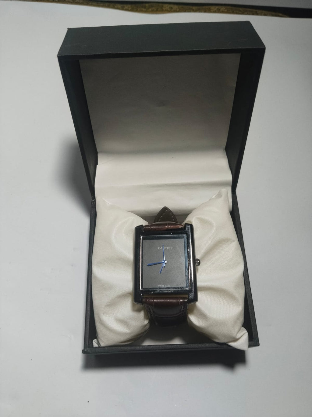 Cartier Style Square Black Dial Brown Leather Watch